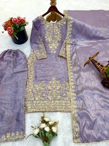 Ensemble Salwar Kameez de Luxe en Soie avec Broderie Zari Dorée, Tenue de Cérémonie Designer, Ensemble Palazzo en Georgette avec Bordure, Hiver et Été - Product Image 4