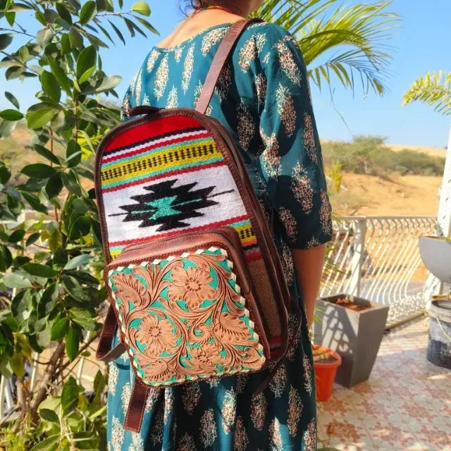 New Western Stylish Hot Fashion Real Hand Tooled Aztec Leather Backpack Stylish Carving Leather Hand Kilim Indian Style Backpack