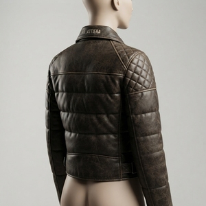Men Leather Look Padded Biker <b>Jacket</b> Quilted Shoulder Zip Belted Waist <b>Cropped</b> Winter <b>Jacket</b> OEM ODM - Product Image 2