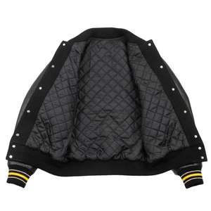 Chaqueta Bomber Varsity con Logotipo Personalizado para Hombre y Mujer, Lana Negra Oscura con Mangas de Cuero, Venta al por Mayor, Súper Calidad - Product Image 6