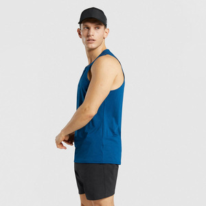 Men's Blue Polyester Knitted Tank Top O-Neck Sleeveless Solid Sporty Breathable Quick Dry 160g Front Logo Vest - Product Image 3
