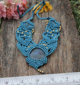 Labradorite Macrame <b>Necklace</b> Blue Flash Oval Gem Turquoise Cord Gold Beads Boho Handmade <b>Statement</b> Jewelry - Product Image 2