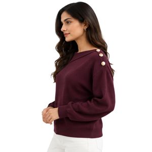 Suéter de Punto Color Vino Tinto Borgoña para Mujer, con Detalle de Botones Dorados en el Hombro, Manga Larga, Cuello Redondo, Informal, para Otoño e Invierno - Product Image 2