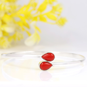 Wholesale 925 Sterling Silver Plated Natural <b>Red</b> Coral Opaque Gemstone Teardrop Cuff Bangle Boho Minimalist Two Stone <b>Bracelet</b> - Product Image 4