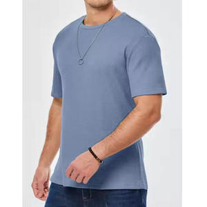 Camiseta de Manga Corta para Hombre, Cuello Redondo, Color Azul Sólido, Tejido de Punto, Corte Ajustado Informal, Transpirable, Largo Regular - Product Image 3