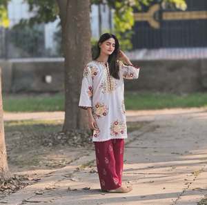 Thread And Sequence Work Georgette <b>Kurti</b> With Embroidery Butta Work Georgette Pant And Pearl Moti Work Dupatta Set - Product Image 1