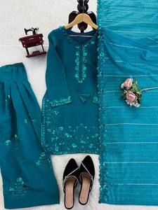 Ensemble Salwar Kameez brodé bleu sarcelle, tricoté, style ethnique indien, avec Dupatta à manches 3/4, tenue toutes saisons - Product Image 4