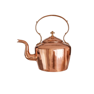 Tetera de cobre estilo vintage con tapa y asa metálica, para servir té y café, uso en mesa de cocina o hogar. - Product Image 1