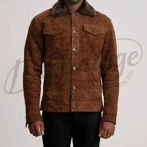 Veste en cuir suédé marron pour homme, style camionneur, hiver, col en fourrure, coupe ajustée, style western décontracté, veste en jean, vêtement d'extérieur - Product Image 2