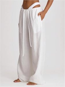 White Linen Wide Leg <b>Pants</b> High Waist Drawstring Loose Fit Full Length Casual <b>Summer</b> <b>Pants</b> With Pockets - Product Image 3