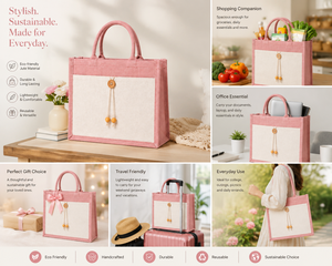 Bolsa de yute laminada rosa, ecológica, reutilizable, con botón de madera, para compras, venta al por mayor. - Product Image 4