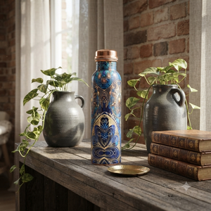 Botella de Agua Artesanal de Cobre con Diseño Geométrico Azul, Recipiente Metálico Reutilizable para Bebidas, Venta al por Mayor, Hecho a Mano en India, Regalo para Cocina, Exportación - Product Image 5