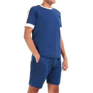 Men's Blue Casual T-Shirt <b>Set</b> V-neck Short Sleeve Solid <b>Knitted</b> 100% Polyester Breathable Plus Size Summer Wear - Product Image 1