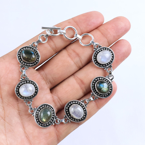 Wholesale Vintage Style Sterling Silver Plated Labradorite and Rainbow Moonstone Oval <b>Stone</b> Toggle Clasp Link <b>Bracelet</b> Bohemian - Product Image 1