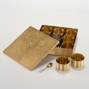Premium Square Brass <b>Spice</b> <b>Box</b> with 9 Round Containers Etched Mandala Art Lid Luxury Indian Masala Dani Kitchen Organizer Set - Product Image 1