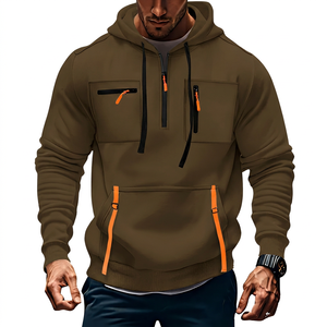 Sweat-shirt à capuche mi-zippé kaki pour homme avec plusieurs poches, fermeture éclair orange, vêtement décontracté pour l'extérieur, coupe classique, style automne - Product Image 5