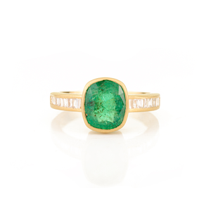 18K Yellow <b>Gold</b> Cushion Cut Emerald and Diamond Statement <b>Ring</b> - Product Image 2