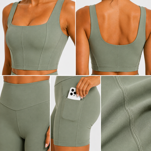 Conjunto de yoga para mujer con cuello cuadrado, pantalones cortos de cintura alta con bolsillos, conjunto deportivo para gimnasio y entrenamiento. - Product Image 5