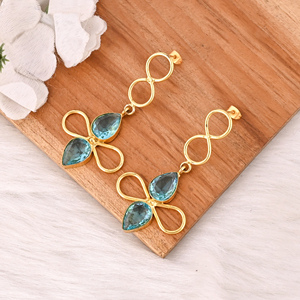 Boucles d'oreilles pendantes en laiton plaqué or avec topaze bleue hydrogénée, bijoux faits à la main, tendance - Product Image 2