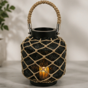 Round <b>Black</b> <b>Lantern</b> Candle Holder with Rope Net Design and Handle for Home Decoration - Product Image 3