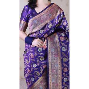 Sari en soie douce Violet Banarasi Jaal avec des écharpes et des châles traditionnels tissés en or Zari Meenakari - Product Image 3
