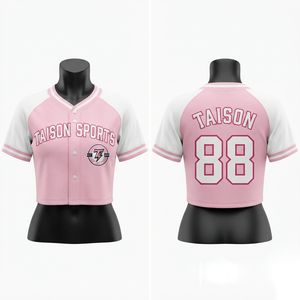 Maillot de cheerleading en polyester tricoté 280 GSM, rose et blanc, à manches raglan, avec logo personnalisé, anti-humidité - Product Image 1