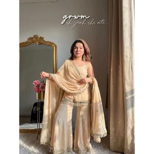 Premium Sharara Palazzo Suit Fendy Silk Embroidery Sequence Work with Real <b>Mirror</b> Work Lace Border Dupatta Ethnic Wear Women - Product Image 1