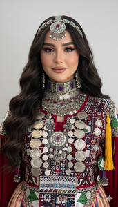 Robe ethnique afghane traditionnelle en bordeaux foncé et couches de tissu pêche doux, ornée de breloques vintage en pièces de monnaie argentées et multicolores - Product Image 2