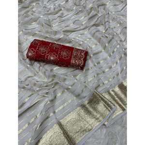 VISCOSE GEORGETTE SAREE AVEC BRODERIE TRAVAIL NON COUDU BLOUSE BLANC - Product Image 1