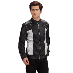 Veste en cuir PU pour homme, style motard, color block, avec rivets, fermeture éclair, col rabattable, coupe ajustée - Product Image 4