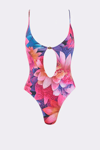 Women's Floral One-Piece Swimsuit Deep <b>V</b> Neck Hollow Out Stretch Spandex Polyester Bathing Suit - Product Image 2