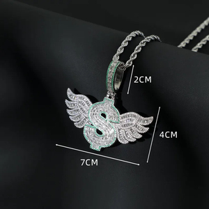 Unisex Hip Hop Dollar Sign Charm Necklace Wings Cubic Moissanite Claw Setting Rhodium Plated <b>Rope</b> <b>Chain</b> Custom Silver Jewelry - Product Image 3