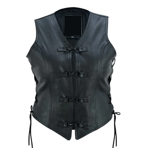 Chaleco de cuero para mujer, negro, casual, sin mangas, cuello en V, cierre de gancho, top de otoño, superventas, moda, chaleco de motociclista, abrigo exterior - Product Image 1