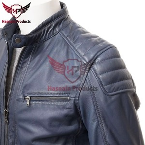 Blouson de motard en cuir véritable bleu pour homme, col montant, fermeture éclair, coupe ajustée, style moto, pour l'automne - Product Image 3