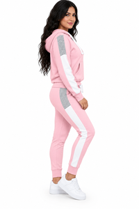 Ensemble de survêtement pour femmes, sweat-shirt à capuche rose à blocs de couleur, manches longues, pantalon de jogging en molleton, ensemble de sport décontracté 2 pièces - Product Image 3