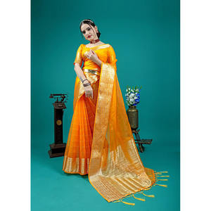 SAREE EN SOIE ORGANZA sur LIGNE DE SÉQUENCE AVEC BORDURE JACQUARD et BLOUSE MOUTARDE - Product Image 1