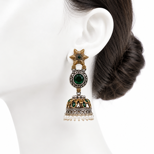 Direct Factory Oxidized <b>Silver</b> Two-Tone Flower Jhumka <b>Earrings</b> | Indian Bohemia Stone Dangle <b>Drop</b> <b>Earrings</b> | Wholesale Supplier - Product Image 5