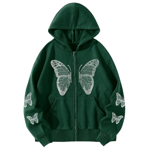 Sudadera Verde Extra Grande con Capucha y Cierre, Unisex, con Estampado de Mariposas Brillantes, de Felpa, Informal, de Otoño, Manga Regular, Tejido de Punto - Product Image 1