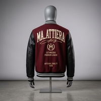 Veste bomber pour homme en laine bordeaux avec manches en cuir noir, broderie personnalisée, OEM ODM