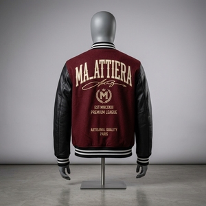 Men <b>Burgundy</b> Letterman <b>Jacket</b> Wool Body Black <b>Leather</b> Sleeves Embroidered Bomber <b>Jacket</b> Custom OEM ODM - Product Image 2