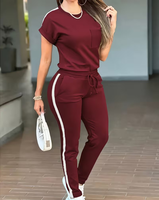 Women's Maroon 2-Piece Woven Fleece Jogger Set Short Sleeve Crew Neck Solid Color Casual Wear Side Stripe Pocket Quick Dry