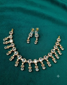 Antique Gold Plated Emerald & Oval <b>Cut</b> <b>Stone</b> Studded American Diamond Necklace Set With Coordinating Earring AD Jewelry Supplier - Product Image 6