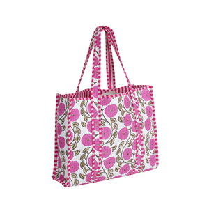 Sac fourre-tout matelassé en coton fait main, durable et léger, imprimé floral ouvert, rayures orange, réversible, été-automne, écologique - Product Image 2