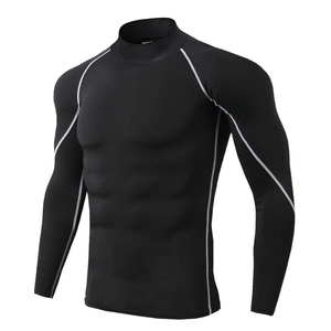 Camiseta Deportiva de Manga Larga para Hombre, Cuello Alto, Tejido de Punto, Secado Rápido, Corte Ajustado, Color Sólido, Negra - Product Image 3