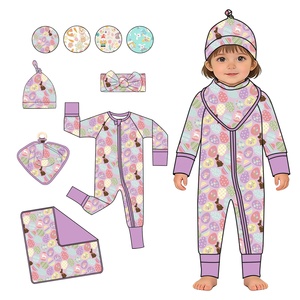 Pyjama grenouillère bébé en bambou avec fermeture éclair bidirectionnelle, imprimé patchwork <span class=keywords><strong>pastel</strong></span> de Pâques personnalisé, unisexe, toutes saisons, respirant, avec pieds couverts - Product Image 1