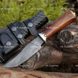 Couteau de chasse d'extérieur personnalisé à lame fixe en acier Damas, ultra-affûté, avec manche en bois de rose, OEM ODM, étiquettes privées - Product Image 5
