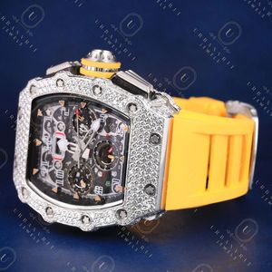 Luxury Men's Quartz Watch With Rhinestone Case Yellow Silicone Band <b>Chronograph</b> Analog Display Stainless Steel Case 42mm - Product Image 3