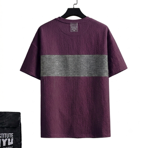 T-shirt violet personnalisé pour homme, imprimé sur tissu gris, à rayures sur la poitrine, manches courtes, décontracté, coupe oversize, mode estivale - Product Image 2