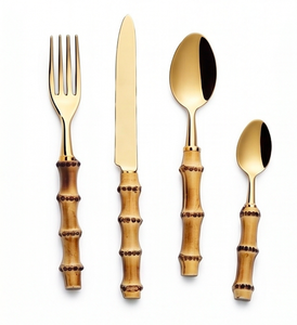 Golden <b>Bamboo</b> Handle Flatware <b>Set</b> With Mirror Polish Vintage Design Dishwasher Safe <b>Cutlery</b> For Wedding Tabletop Use - Product Image 1
