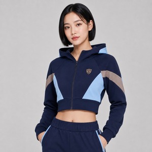 Top Selling Women's <b>Long</b> <b>Sleeve</b> Zip Hoodie Winter Casual <b>Crop</b> Top with Solid Color Customized Logo Printed on Knitted Fabric - Product Image 4